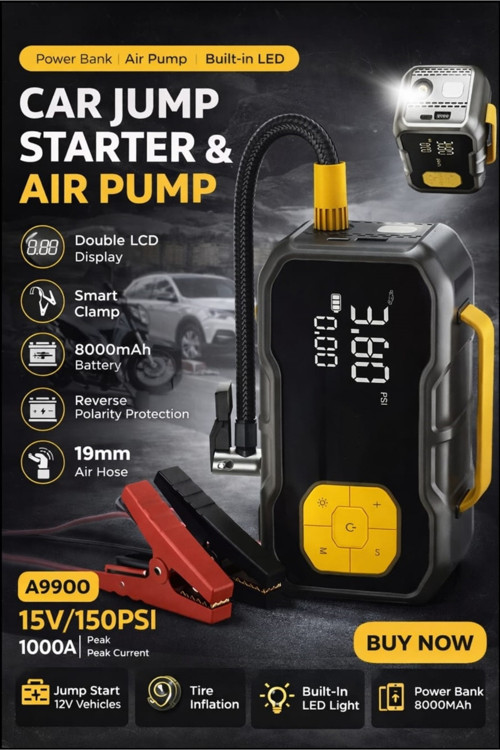 8000MAH 150PSİ Lastik Şişirme Pompası ve Akü Takviye Cihazı Led Işıklı Powerbank