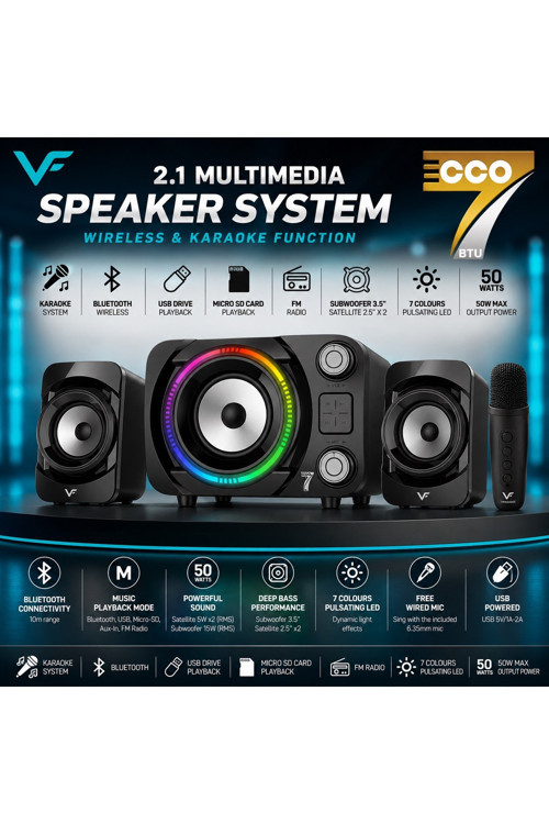 ECCO7 Rgb Led Işıklı 2+1 Ses Sistemi Bluetooth Hoparlör Fm Radyolu Karaoke Mikrofonlu TV PC Bilgisayar Uyumlu 50W