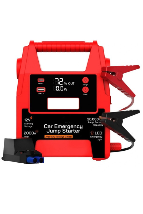 20000mAh 12V Şarjlı Akü Takviye Cihazı 2000A Tepe Akım LCD Ekranlı Led Işıklı Jump Starter Powerbank