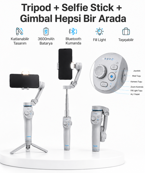 tekno 3 Eksen Telefon Gimbal Stabilizer Yapay Zeka Takipli Katlanabilir Dahili Dolgu Işıklı Video