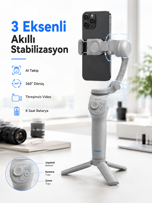 tekno Profesyonel Telefon Gimbal Stabilizer 3 Eksen Sabitleme Çoklu Çekim Modları Uzun Pil Ömür