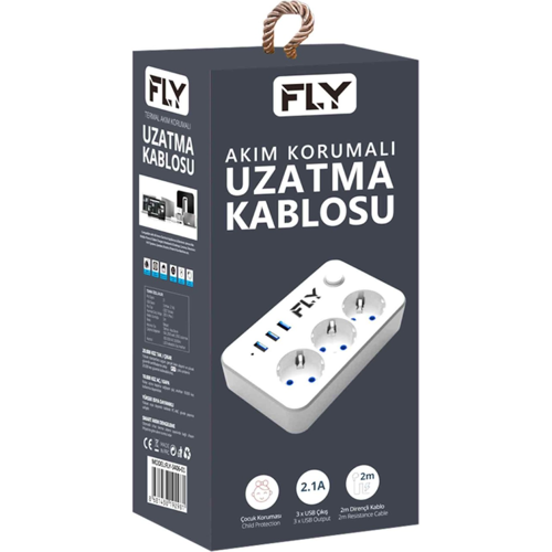 FLY 3406-01 3 Soket 3 USB Akım Korumalı Priz 2.1A Anahtarlı 2Mt Kablo (Beyaz)(192 - ETERNA6927-3