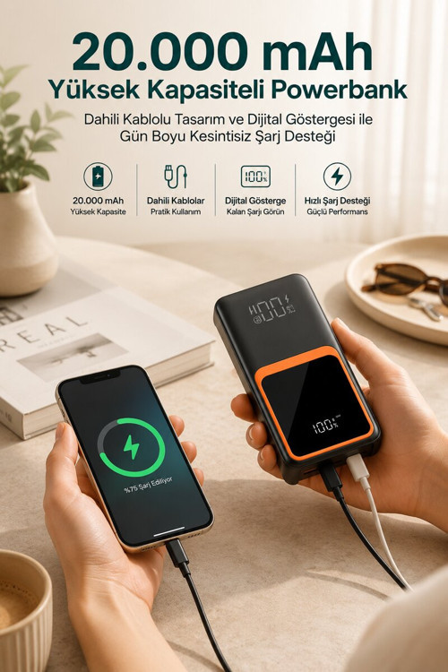 20.000 mAh Taşınabilir Şarj Cihazı Dijital Göstergeli Kablolu Powerbank - ETERNA9661-4034