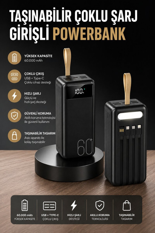 Powerbank 60.000 MAH 4 Portlu Uzun Şarj Süreli Dijital Göstergeli - ETERNA9816-2588