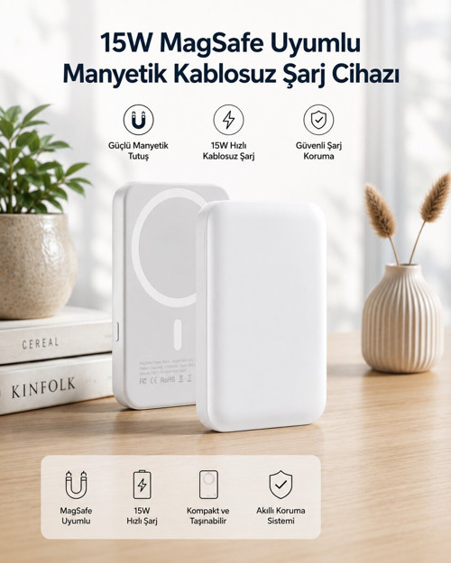 15W MagSafe Uyumlu Manyetik Kablosuz Powerbank 5000 mAh - ETERNA2629-7612