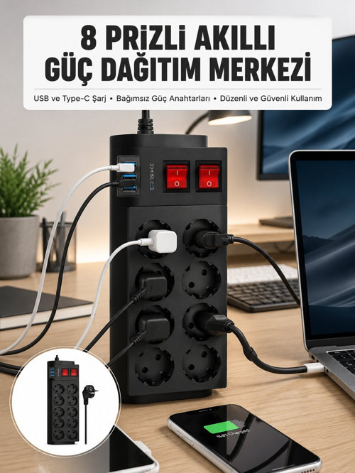 2 Metre Güçlü Çoklu Priz 8 Soket Yeni Nesil - ETERNA2977-4104