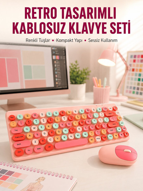 Renkli Retro Tuş Takımlı Klavye – 3 Cihaz Bağlantısı Medya Kısayol Tuşlar? - ETERNA7968-1