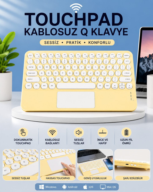 Touchpad Tüm Cihazlara Uyumlu Bluetooth Klavye Touchpad Slim Kablosuz Wifi Q Klavye - ETERNA7185-3