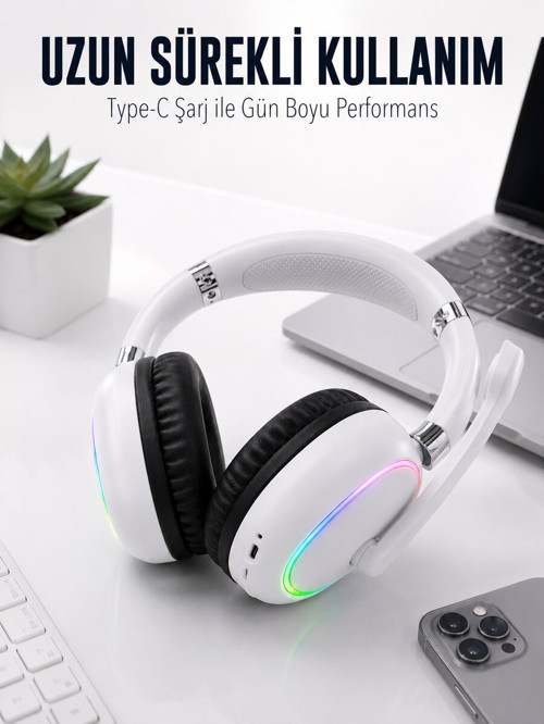 Beyaz Bluetooth 5.0 Mikrofonlu Kablosuz Kulak Üstü Kulaklık RGB Işıklı Type-C - ETERNA1303-9