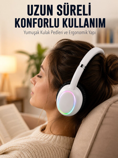 Beyaz Kablosuz Bluetooth Kulaklık Mikrofonlu Ergonomik Kulak Üstü Tasarım - ETERNA2354-5074