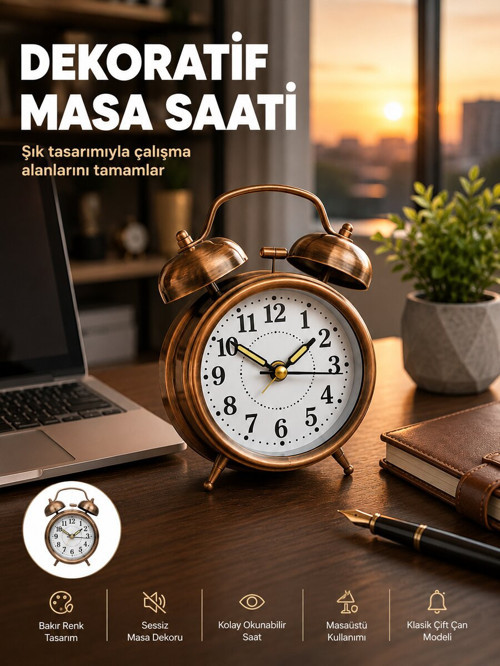 Retro Tarz Bronz Dekoratif Masa Saati Metal Gövde Yüksek Sesli Alarm - ETERNA8357-3073