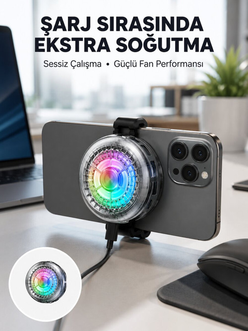 RGB Telefon Fanı Sessiz Soğutucu Tüm Akıllı Telefonlara Uygun Yeni Nesil - ETERNA4534-9942