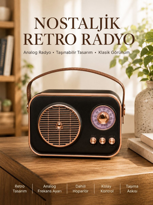Retro Tarz Kablosuz Radyo – Bluetooth USB ve TF Kart Girişli - ETERNA3786-9104