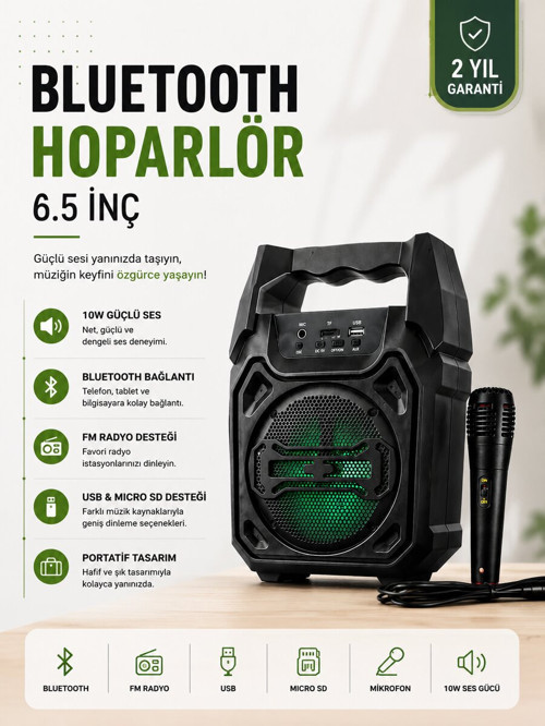 Yeni Nesil 6.5 İnç Bluetooth Hoparlör Mikrofonlu Taşınabilir Ses Sistemi - ETERNA7546-8417