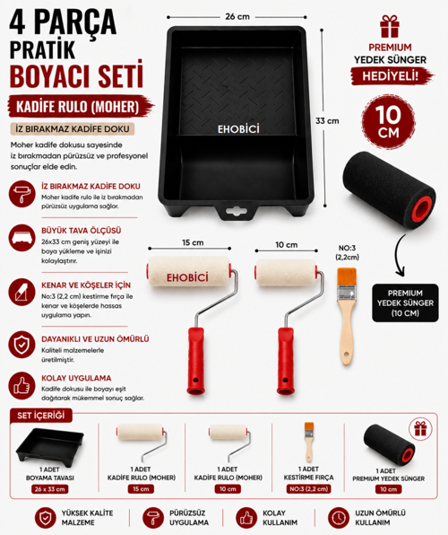4 Parça Pratik Boyacı Seti Kadife Rulo (Moher) - Premium Yedek Sünger Hediyeli