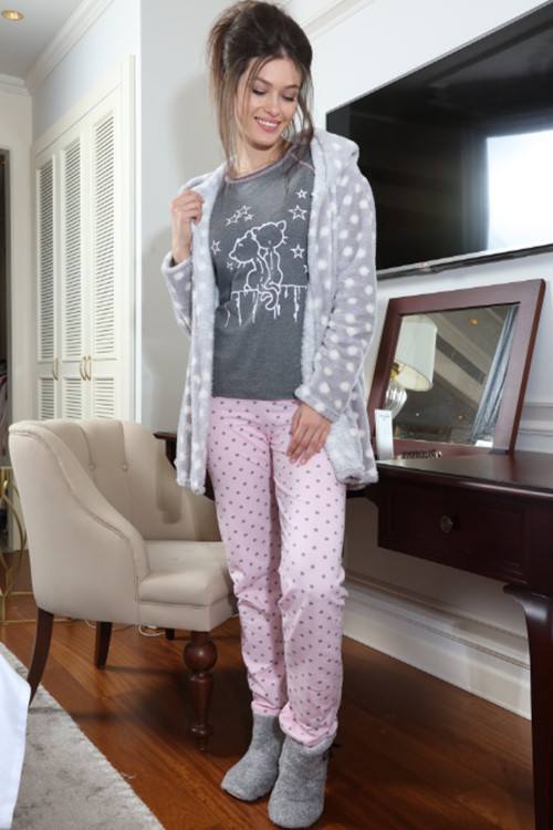 Kadın 3'Lü Sabahlıklı Wellsoft Pamuklu Pijama Takımı 10006 .