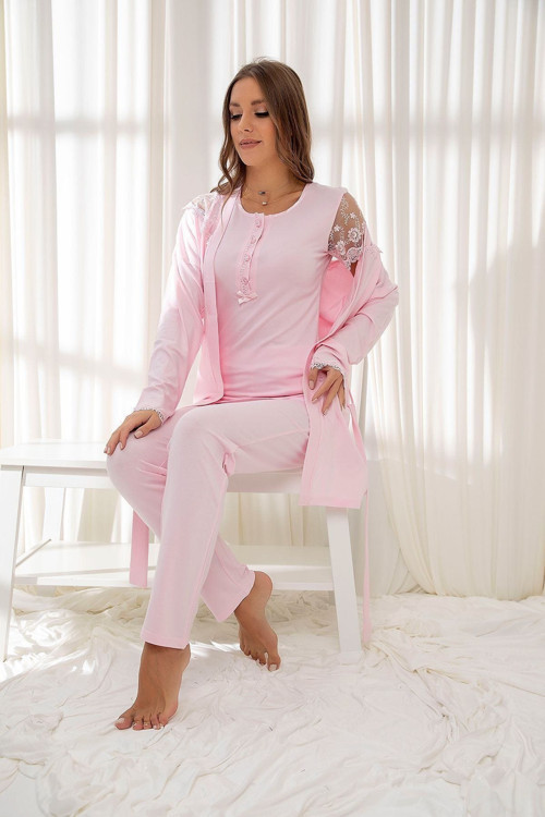3'lü Sabahlıklı Dantelli Düğmeli Modal Pijama Takım