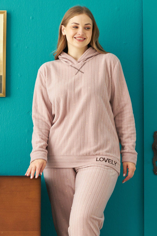 Alt-Üst Polar Kapişonlu Nakışlı Curve Büyük Beden Battal Pijama Takım