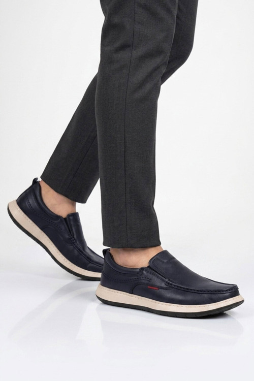 Erkek Lacivert Hakiki Deri Kolay Giyilebilir Hafızalı Rahat Taban Casual Ayakkabı Loafer 6501 M