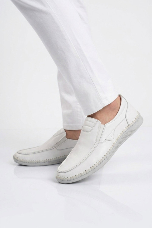 Erkek Beyaz Hakiki Deri Hafızalı Rahat Taban Şık Smart Casual Ayakkabı Loafer M741 M