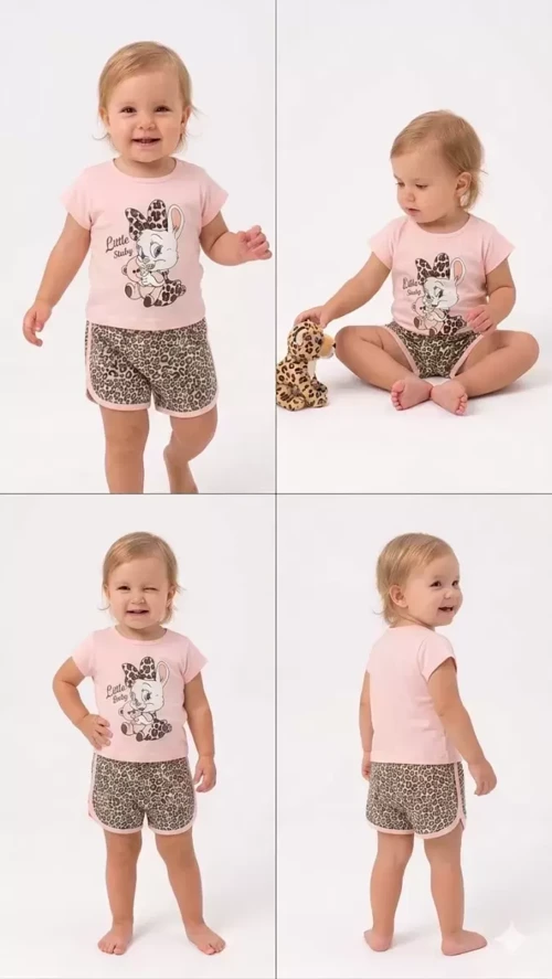 1/4 Yaş Leopar Tavşan Baskılı Çocuk Takımı - Bebek İçin Antialerjik ve Güvenli