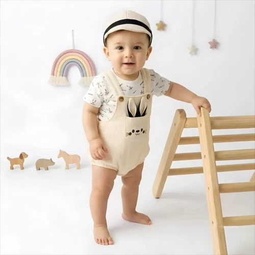 3/18 Ay Tavşan Kulaklı Kasketli Bebek Salopet Takımı - Antialerjik ve Güvenli Kumaş