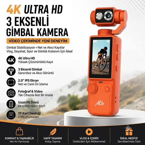 Ally Q8 PocketPro 4K Dijital Vlog ve Aksiyon Kamerası - 3 Eksenli Stabilizasyonlu