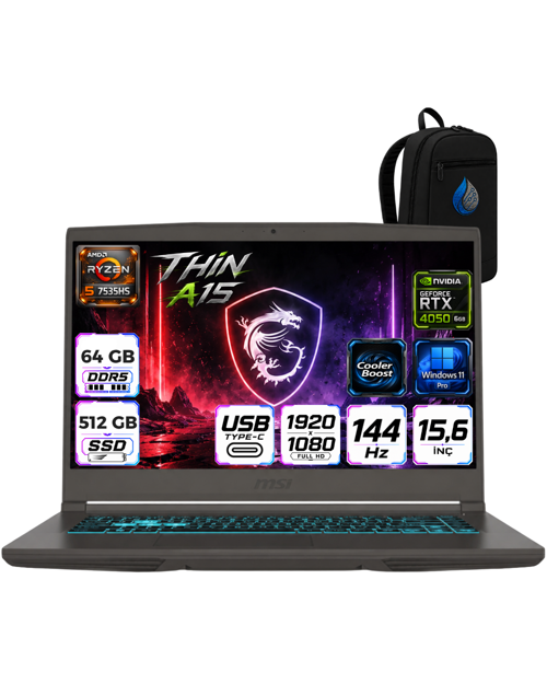 NB THIN A15 RYZEN 5 7535HS 64 GB DDR5 512 GB SSD 6GB RTX4050 15.6 FHD 144Hz Windows 11 Pro Taşınabilir Bilgisayar B7