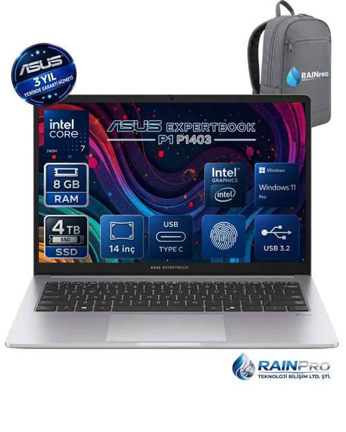 ExpertBook P1403CVA Intel® Core™ 7-240H 8 GB DDR5 4 TB SSD 300NITS 14" FHD Windows 11 Pro Taşınabilir Bilgisayar |