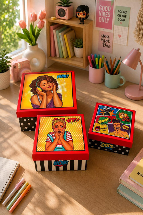 Hediyelik 3 'lü Dekoratif Kutu Pop Art Premium Paketleme Kutusu
