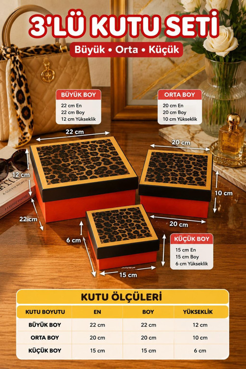 Hediyelik 3 'lü Dekoratif Kutu Leopar Model Premium Paketleme Kutusu