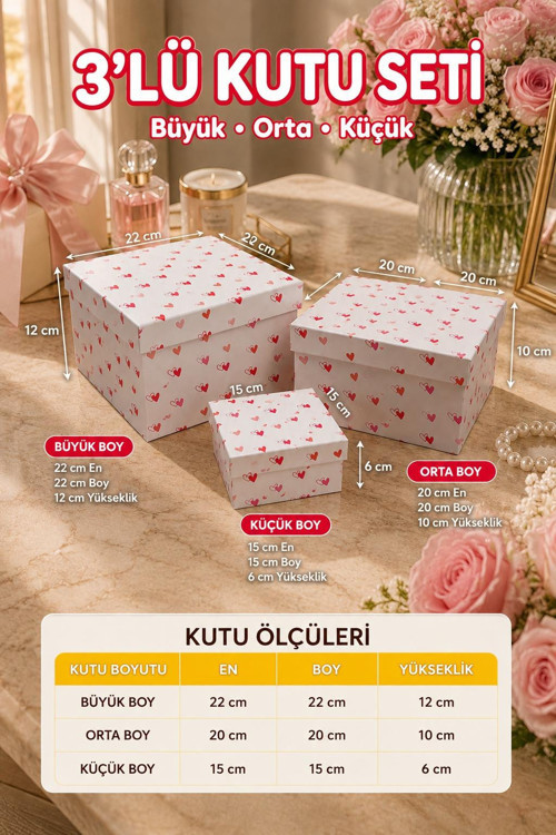 Hediyelik 3 'lü Dekoratif Kutu Kalp Model Premium Paketleme Kutusu