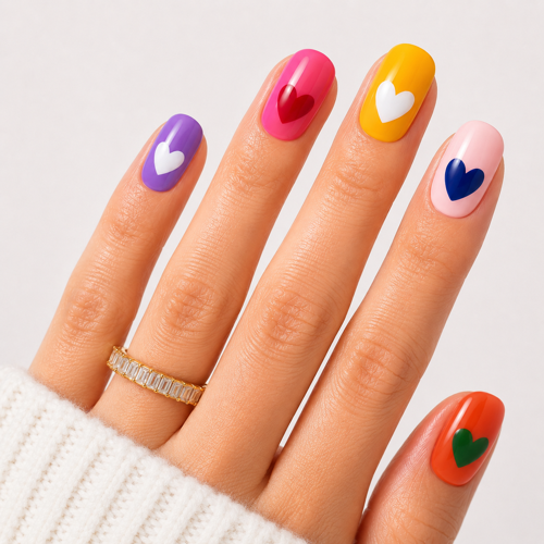 Renkli Nail Art Kısa Yuvarlak El Yapımı Jel Takma Tırnak KKYL-3501 Renkli-M