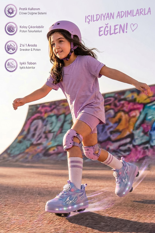 Unisex Çocuk Spor Ayakkabı Akıllı Bağcıklı Çıkarılabilen Patenli Işıklı Rahat Sneaker 030