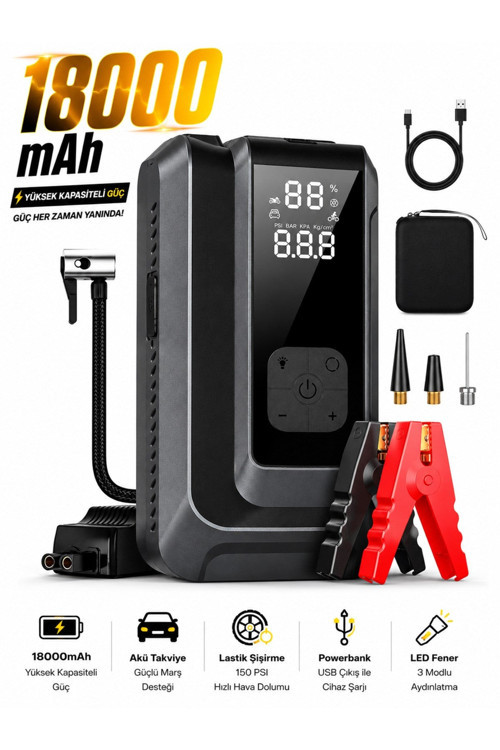 Suitu AT-006 Akü Takviye Cihazı | 18.000mAh 4'ü 1 Arada Powerbank, Hava Kompresörü, LCD Ekran, 150PSI