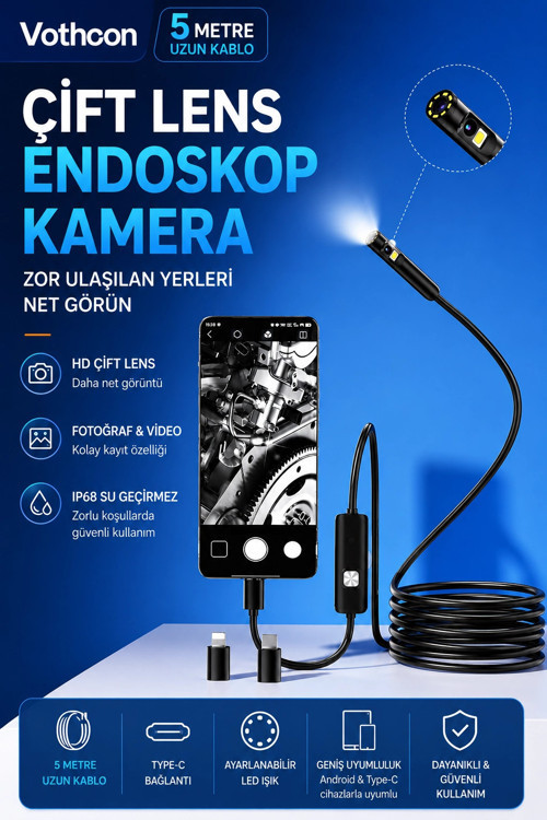 5 Metre Çift Kameralı iOS/Android Uyumlu Yılan Endoskop Kamera 8mm 2MP LED'li Sert Kablo