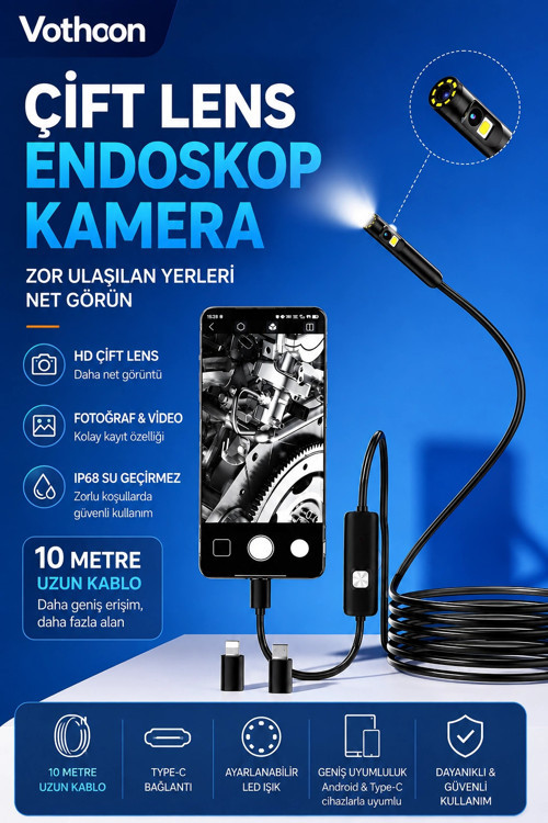 10 Metre Çift Kameralı iOS/Android Uyumlu Yılan Endoskop Kamera 8mm 2MP LED'li Sert Kablo