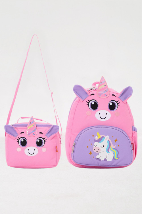 Lisanslı Unicorn Figürlü Pembe Kız Çocuk Anaokulu Sırt Çantası ve Isı Yalıtımlı Beslenme Çantası Seti