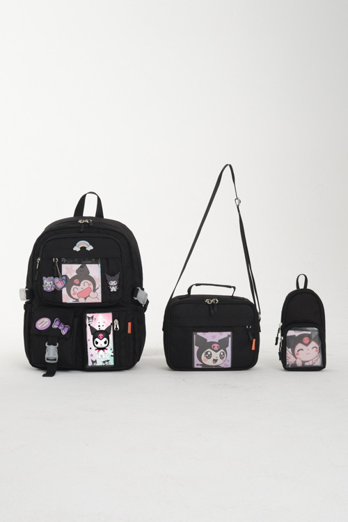 Kawaii Kore Tarzı Kuromi Okul Çantası, Termal Beslenme ve Kalemlikli İlkokul Sırt Çantası Set