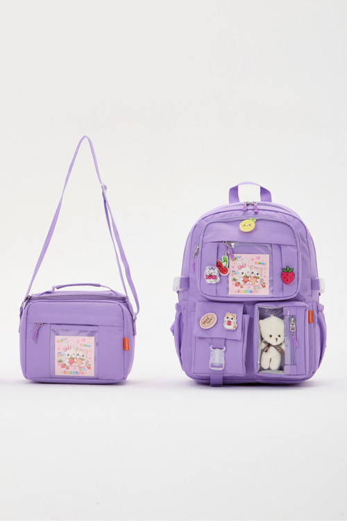 Lisanslı Kore Tarzı Kawaii Aksesuarlı Kız Çocuk 2'li İlkokul Çanta Seti + Ayıcıklı Okul Çantası + Termal Beslenme Çantası
