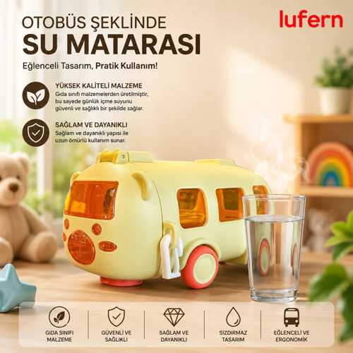 Yüksek Kaliteli Otobüs Şeklinde Su Matarası Okul Park Dışarıda Çizgi Film Uzun Ömürlü 500 Ml