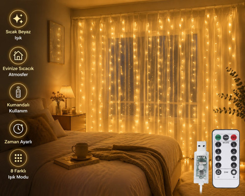 10 Sarkıtlı 8 Modlu 3x3 Metre Gün Işığı Perde LED Işık USB Kumandalı Yılbaşı Parti Aydınlatması