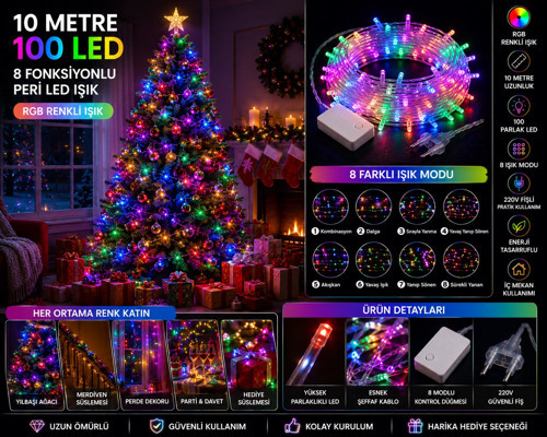 10 Metre 100 LEDLİ RGB Renkli Peri Led Işık 8 Fonksiyon Dekoratif Yılbaşı Ağacı Parti Ev Oda Süsleme