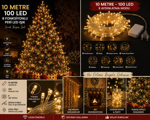 10 Metre 100 LEDLİ Gün Işığı Peri Led Işık 8 Fonksiyon Dekoratif Yılbaşı Ağacı Parti Ev Oda Süsleme