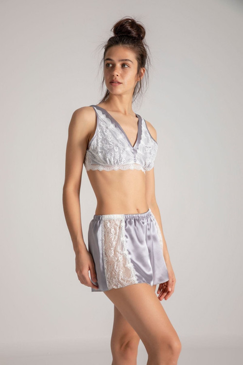 Dantelli Bralet Saten Şort Takım