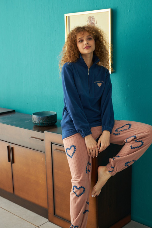 Alt-Üst Polar Fermuarlı Nakışlı Pijama Takım