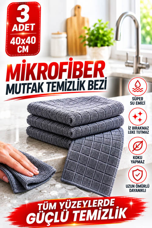 3'lü Mikrofiber Mutfak Temizlik Bezi 40x40 cm Süper Emici İz Bırakmayan Çok Amaçlı Gri Bez Seti