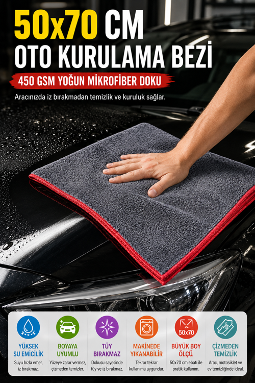 450 GSM Oto Araç Kurulama Bezi Mikrofiber Oto Yıkama Temizlik Bezi Tüy Bırakmaz Gri 50x70 cm