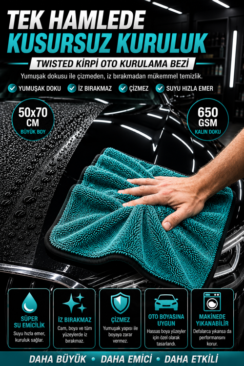 650 GSM Twisted Mikrofiber Oto Kurulama Bezi 50x70 cm Araç Kurulama Havlusu Çizmeden Temizlik Bez