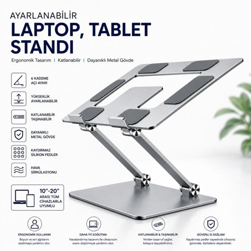 Metal Ayarlanabilir Laptop,Tablet,Macbook,Matebook Yükseltici Katlanabilir Stand Tutucu Gri